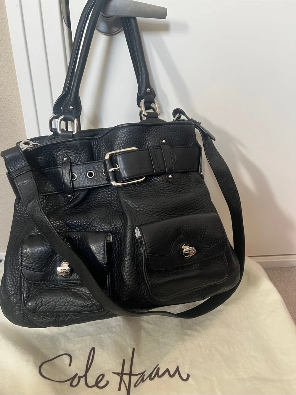 Cole Haan Black Pebbled Leather Satchel with Silver Hardware